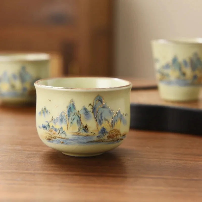 Traditional Ru Ware Ceramic Teacup Crackle Glaze Nurturing Gongfu Tea Cup Individual Handmade Chinese Tea Set Home Office Decor