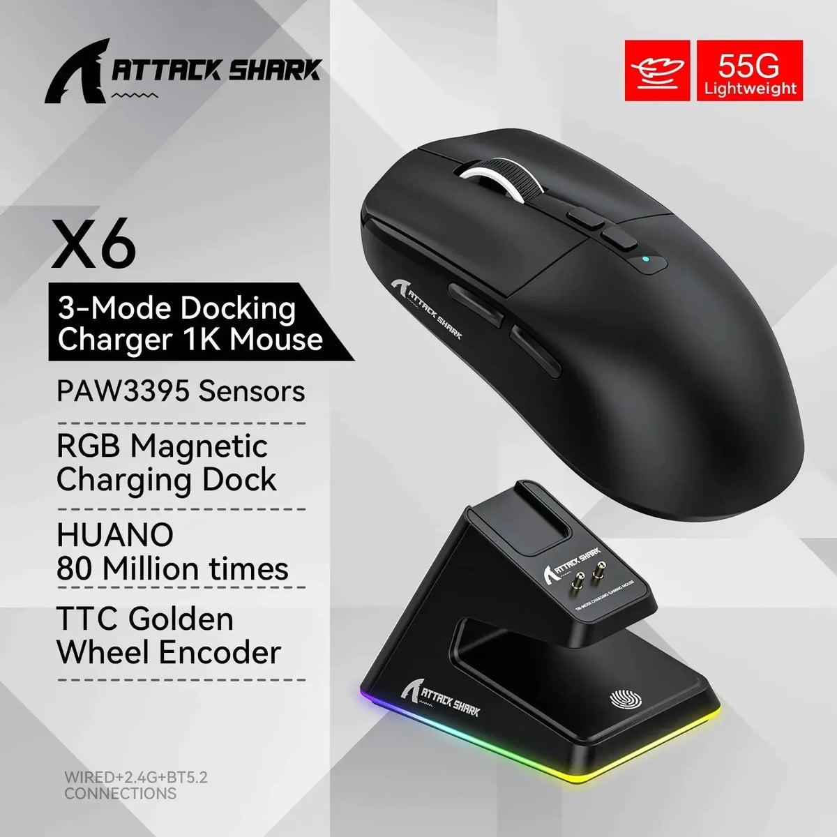 ATTACK SHARK X6 Wireless Macro Gaming Mouse PAW3395 26000 DPI Tri-Mode Wired/2.4G/BT5.2 Connection Magnetic Charging Base Mouse