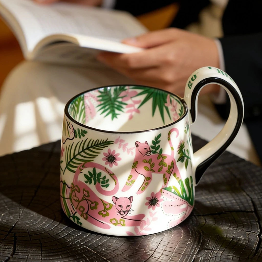 Vintage Pink Leopard Ceramic Mug French Chinoiserie Jungle Coffee Cup Aesthetic Tropical Plant Tea Mugs Birthday Gift