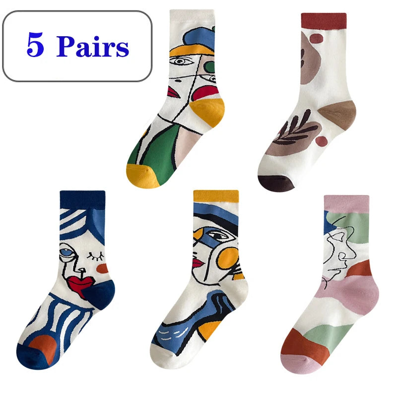 5 Pairs Trend Graffiti Socks Women Cotton Personality Fashion Tide Socks Ins Letter Embroidery Funny Couple Socks