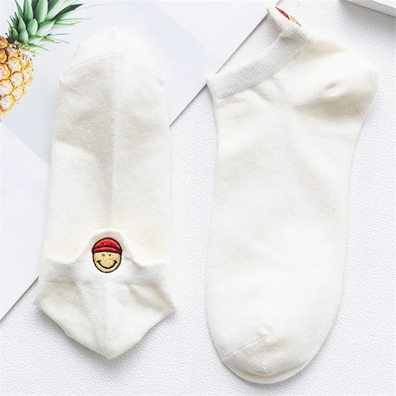 Kawaii Embroidered Expression Candy Color Women Socks Happy Fashion Girls Ankle Funny Sokken Cotton Unisex Christmas Dropship