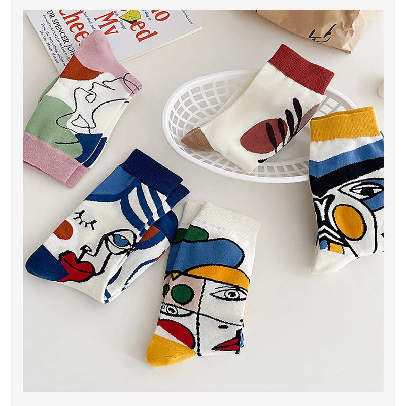 5 Pairs Trend Graffiti Socks Women Cotton Personality Fashion Tide Socks Ins Letter Embroidery Funny Couple Socks