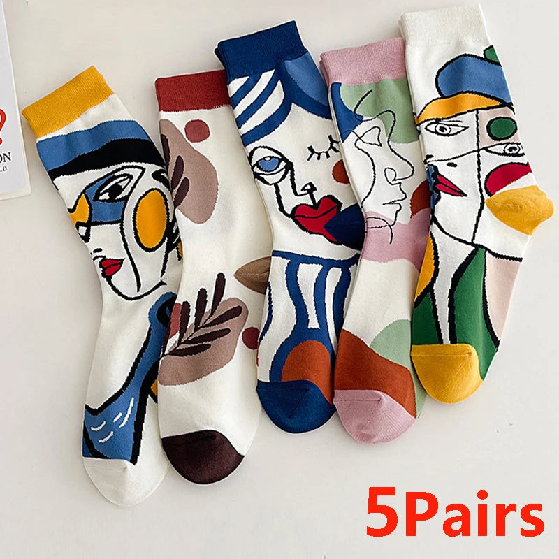 5 Pairs Trend Graffiti Socks Women Cotton Personality Fashion Tide Socks Ins Letter Embroidery Funny Couple Socks