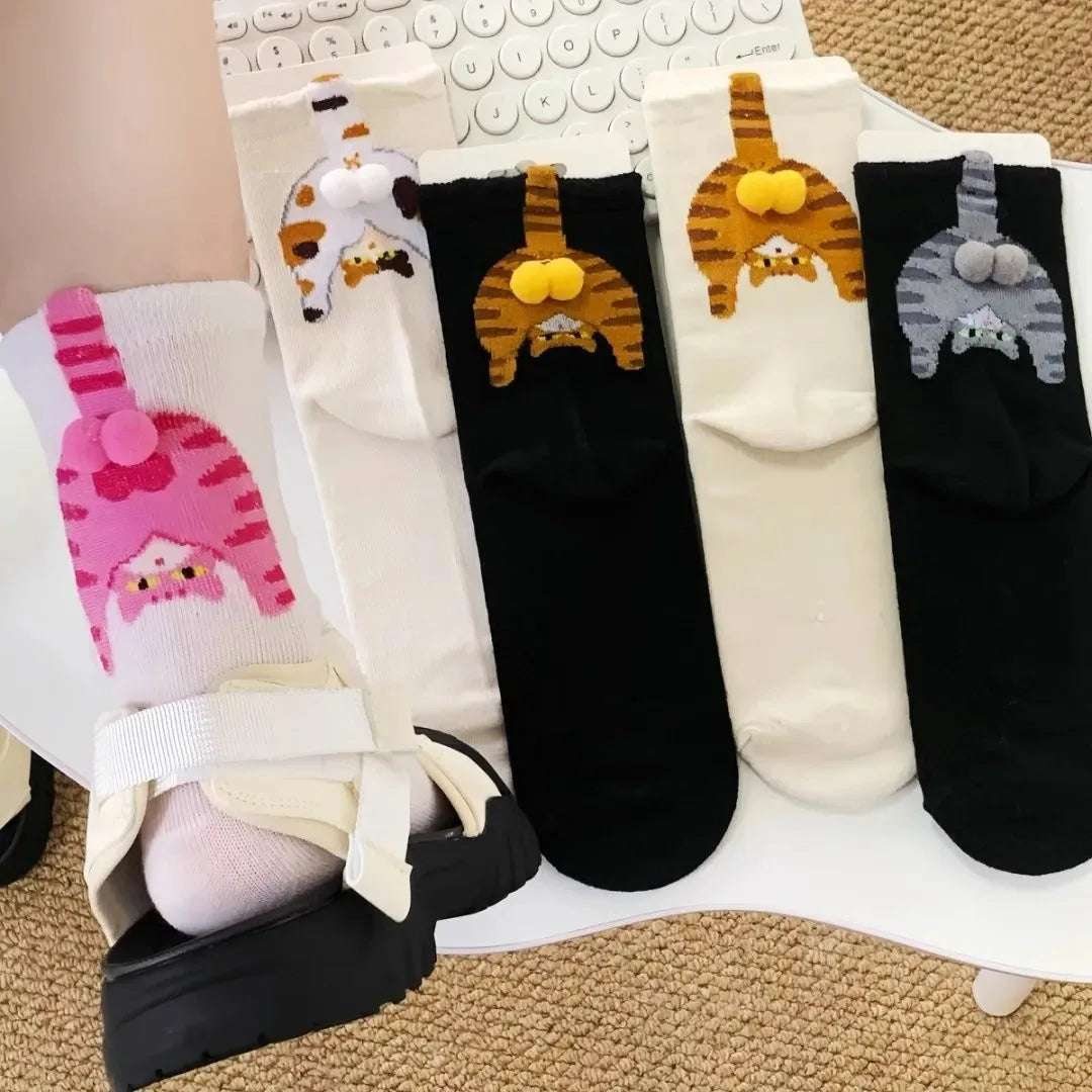 Cartoon Cat Egg Socks Soft Breathable Cute Mid Tube Cotton Socks 3D Cat Egg Balls Unique Design Trendy Funny for Christmas Cat