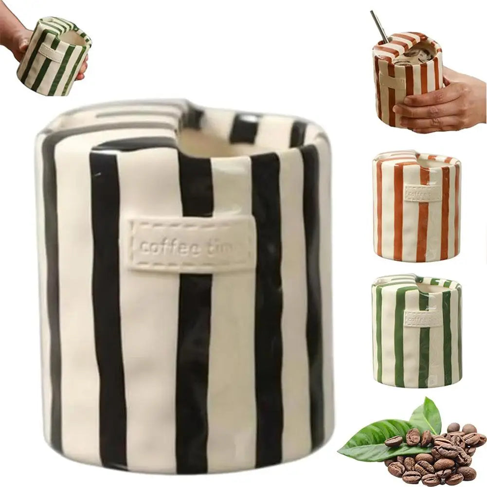 Retro Striped Coffee Cups, 10oz Ceramic Coffee Mug with Sip hole Ceramic Cup,Hand-Painted Striped Travel Mugs for Coffee Lovers
