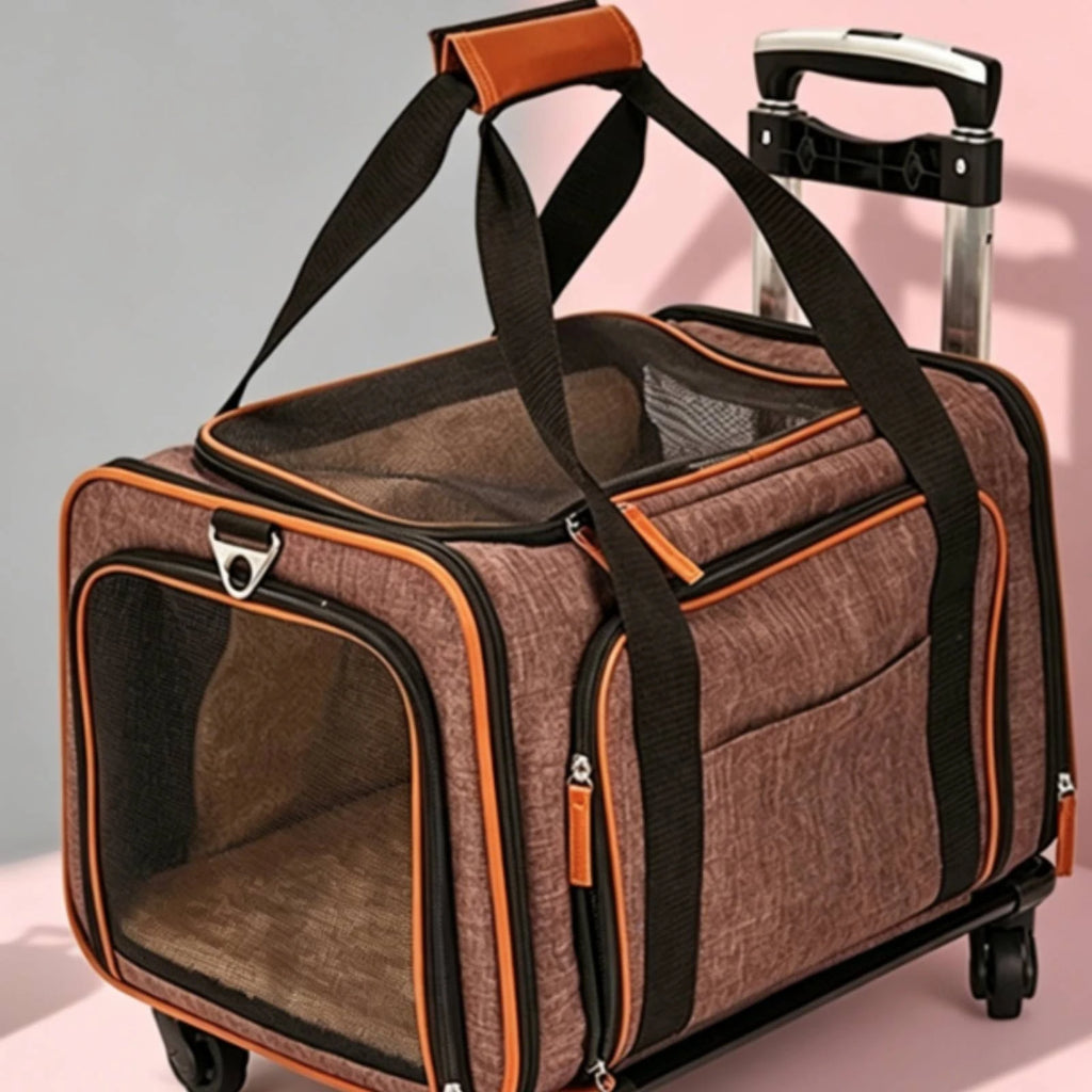 Rolling Mesh Pet Carrier with Breathable Mesh Windows Soft-sided Animal Carrier for Pet Travel Gear and Daily Errands