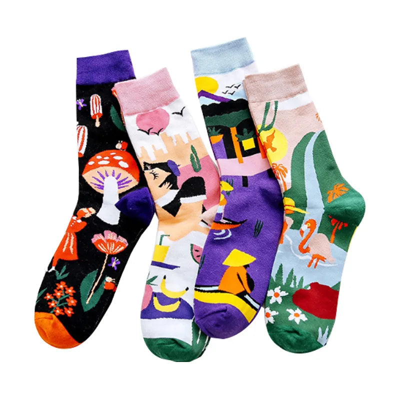 5 Pairs Trend Graffiti Socks Women Cotton Personality Fashion Tide Socks Ins Letter Embroidery Funny Couple Socks