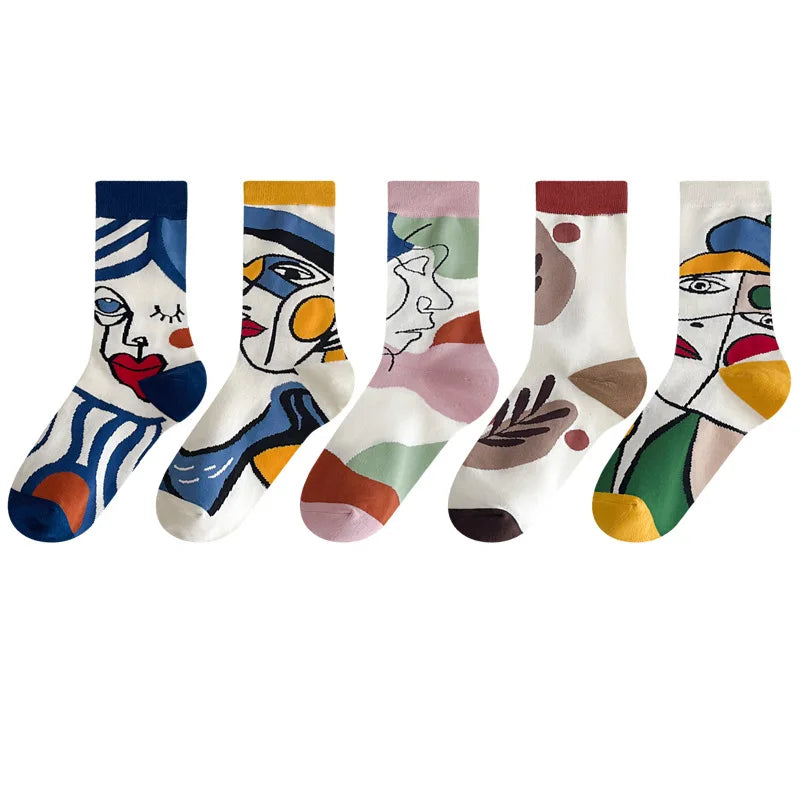 5 Pairs Trend Graffiti Socks Women Cotton Personality Fashion Tide Socks Ins Letter Embroidery Funny Couple Socks