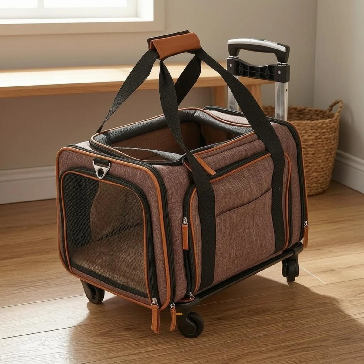 Rolling Mesh Pet Carrier with Breathable Mesh Windows Soft-sided Animal Carrier for Pet Travel Gear and Daily Errands