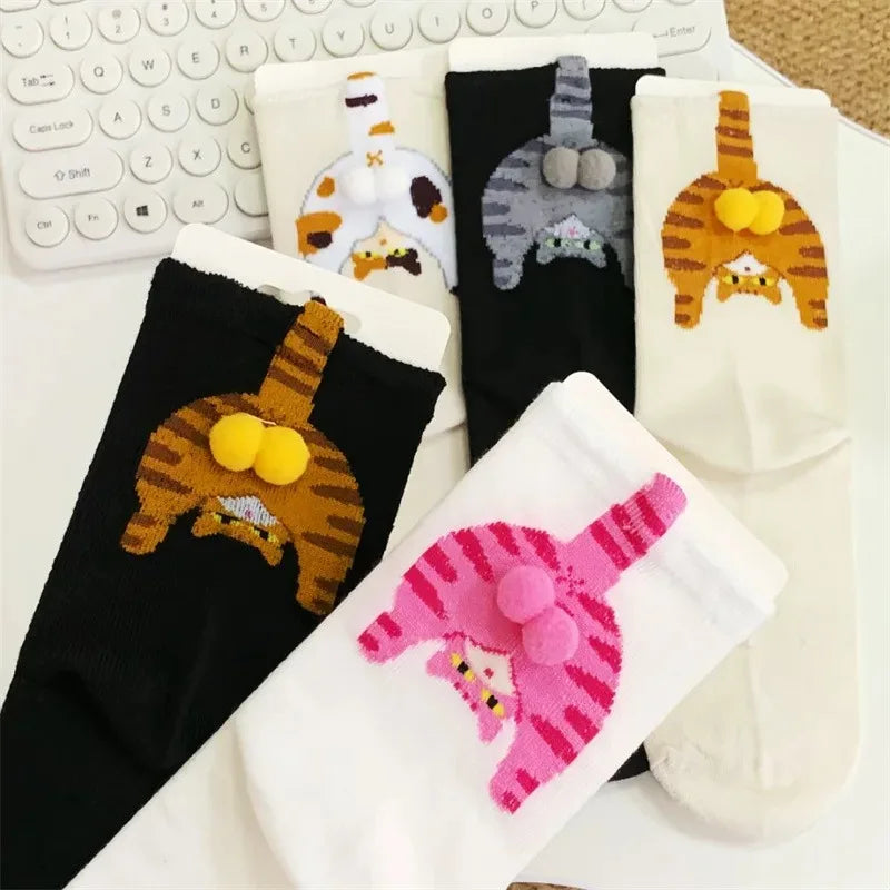 Cartoon Cat Egg Socks Soft Breathable Cute Mid Tube Cotton Socks 3D Cat Egg Balls Unique Design Trendy Funny for Christmas Cat