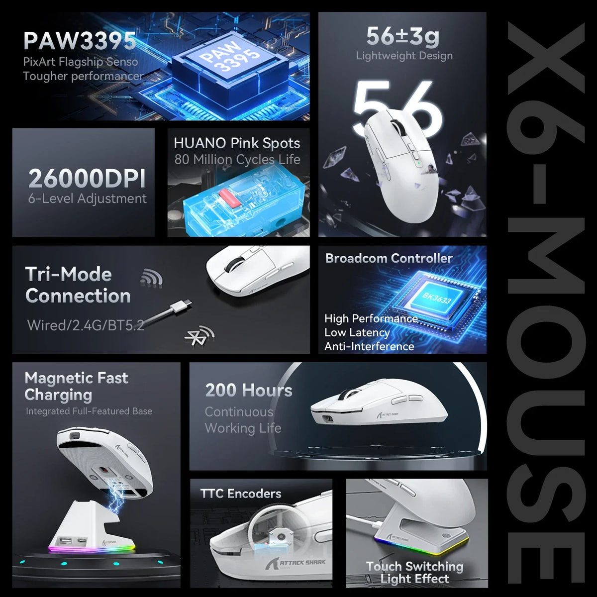 ATTACK SHARK X6 Wireless Macro Gaming Mouse PAW3395 26000 DPI Tri-Mode Wired/2.4G/BT5.2 Connection Magnetic Charging Base Mouse