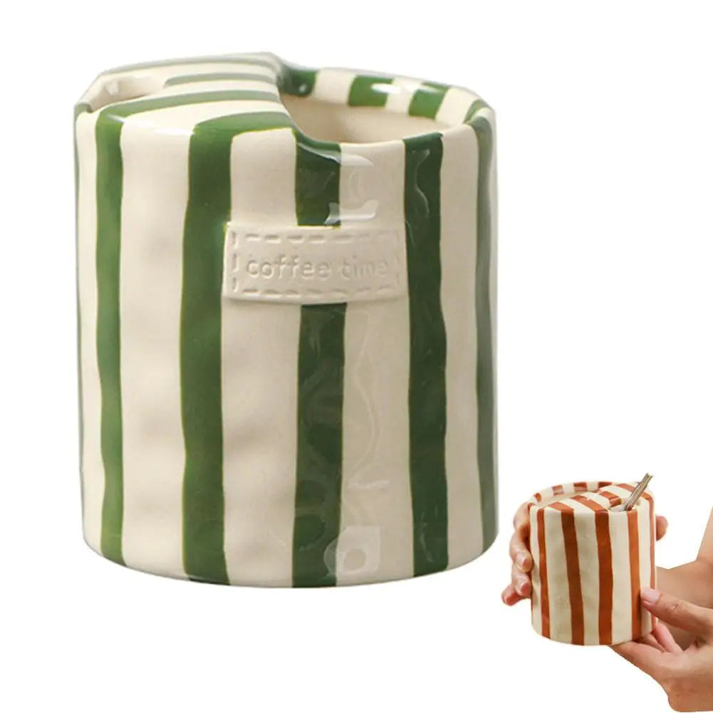 Retro Striped Coffee Cups, 10oz Ceramic Coffee Mug with Sip hole Ceramic Cup,Hand-Painted Striped Travel Mugs for Coffee Lovers