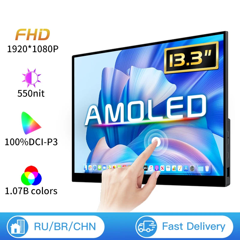 13.3 Inch 1080p OLED Portable Monitor 100%DCI-P3 500Nits USB-C HDMI-Compatible External Travelling Display for PC Xbox Switch PS