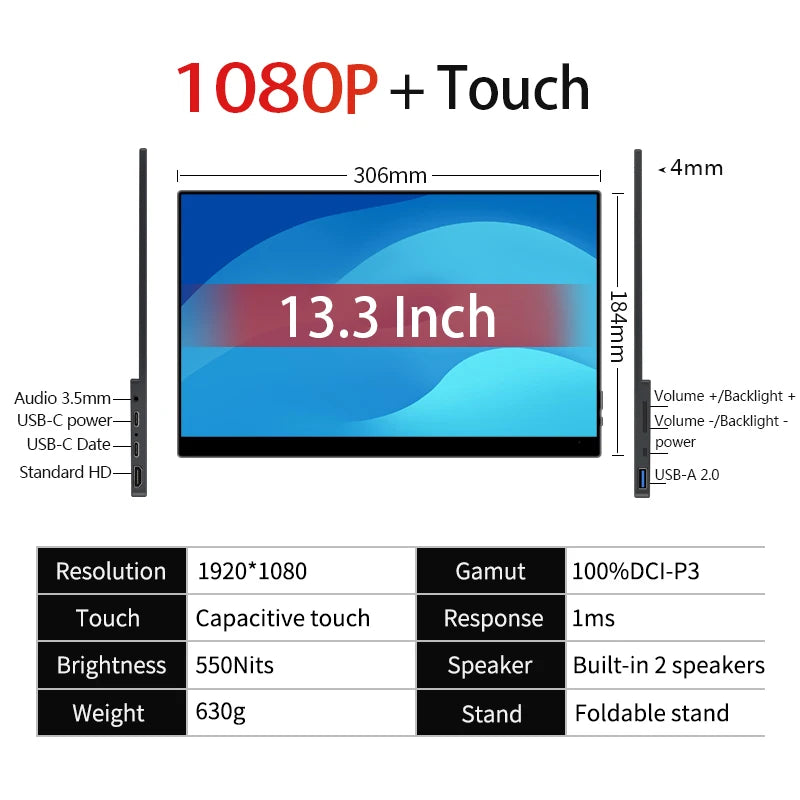 13.3 Inch 1080p OLED Portable Monitor 100%DCI-P3 500Nits USB-C HDMI-Compatible External Travelling Display for PC Xbox Switch PS