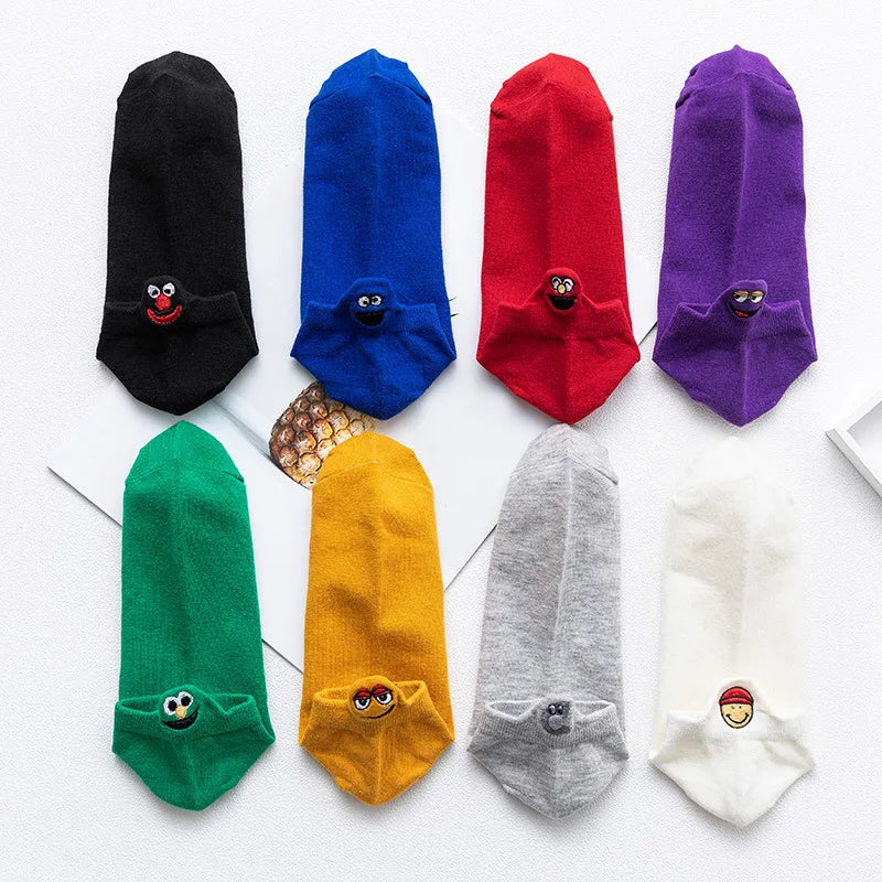 Kawaii Embroidered Expression Candy Color Women Socks Happy Fashion Girls Ankle Funny Sokken Cotton Unisex Christmas Dropship