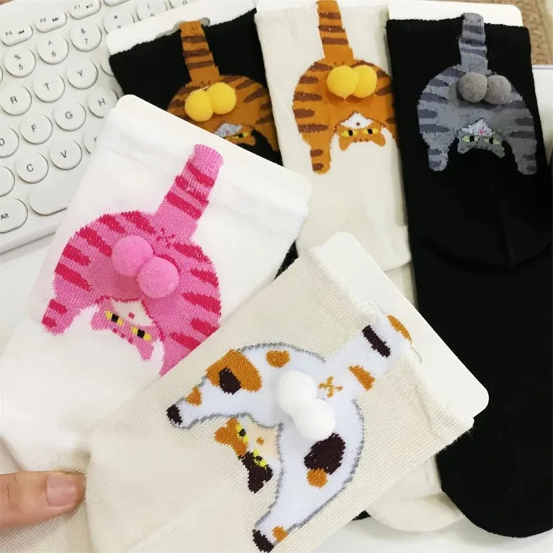 Cartoon Cat Egg Socks Soft Breathable Cute Mid Tube Cotton Socks 3D Cat Egg Balls Unique Design Trendy Funny for Christmas Cat