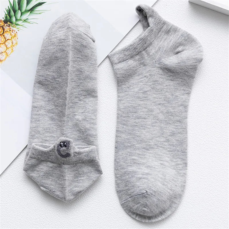 Kawaii Embroidered Expression Candy Color Women Socks Happy Fashion Girls Ankle Funny Sokken Cotton Unisex Christmas Dropship