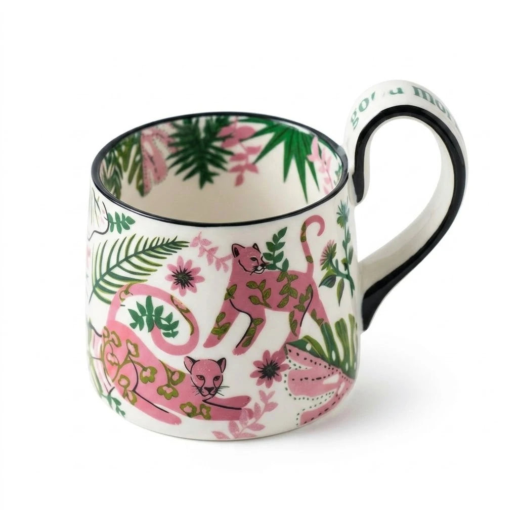 Vintage Pink Leopard Ceramic Mug French Chinoiserie Jungle Coffee Cup Aesthetic Tropical Plant Tea Mugs Birthday Gift