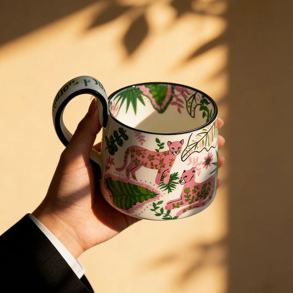 Vintage Pink Leopard Ceramic Mug French Chinoiserie Jungle Coffee Cup Aesthetic Tropical Plant Tea Mugs Birthday Gift