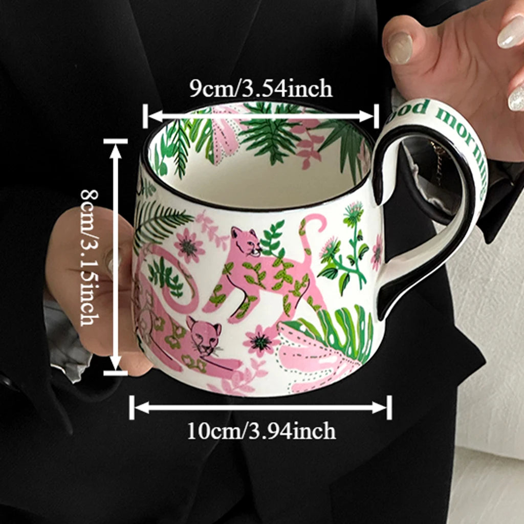 Vintage Pink Leopard Ceramic Mug French Chinoiserie Jungle Coffee Cup Aesthetic Tropical Plant Tea Mugs Birthday Gift