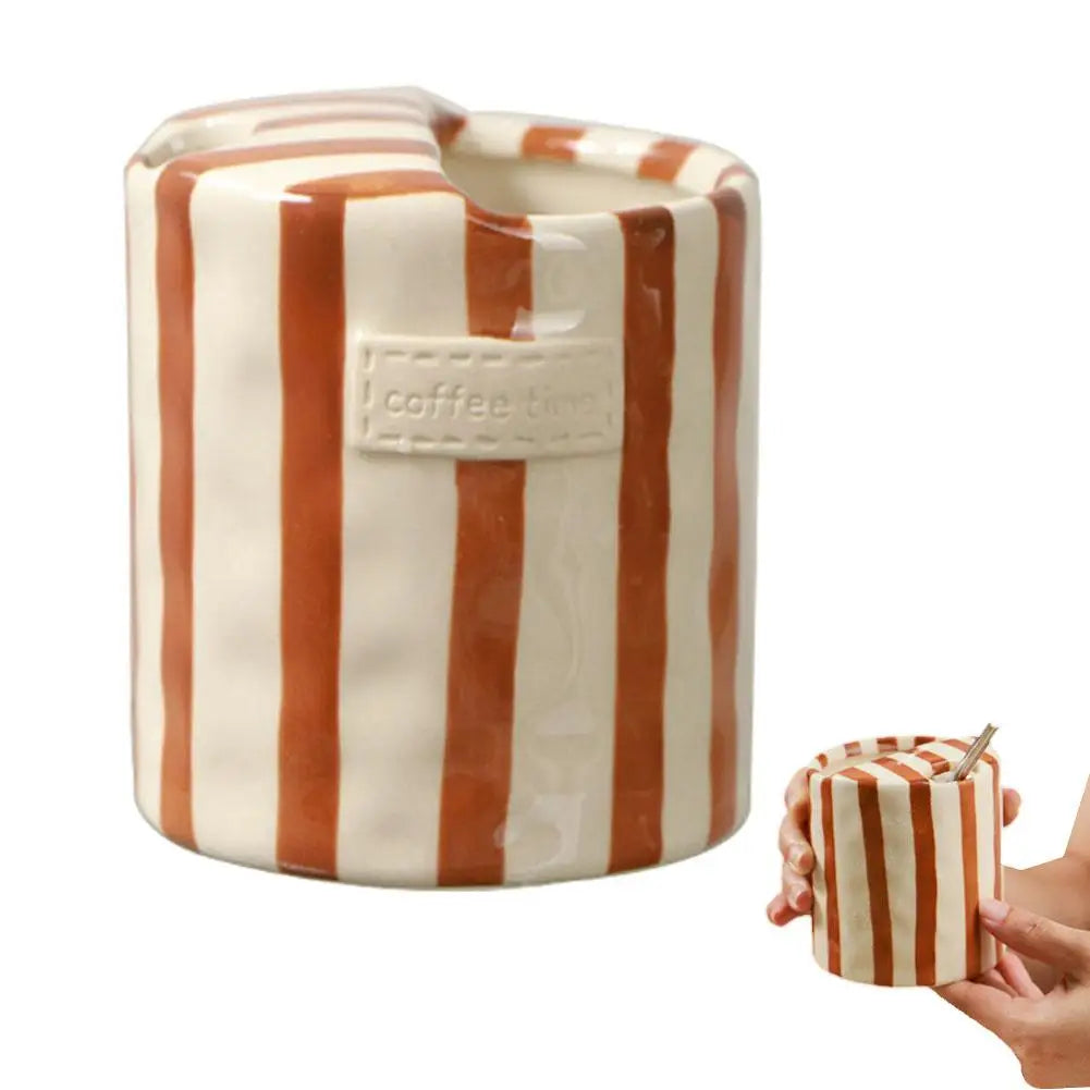 Retro Striped Coffee Cups, 10oz Ceramic Coffee Mug with Sip hole Ceramic Cup,Hand-Painted Striped Travel Mugs for Coffee Lovers