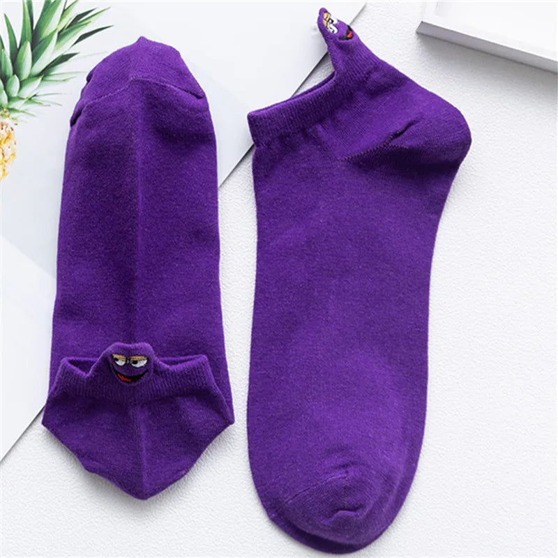 Kawaii Embroidered Expression Candy Color Women Socks Happy Fashion Girls Ankle Funny Sokken Cotton Unisex Christmas Dropship