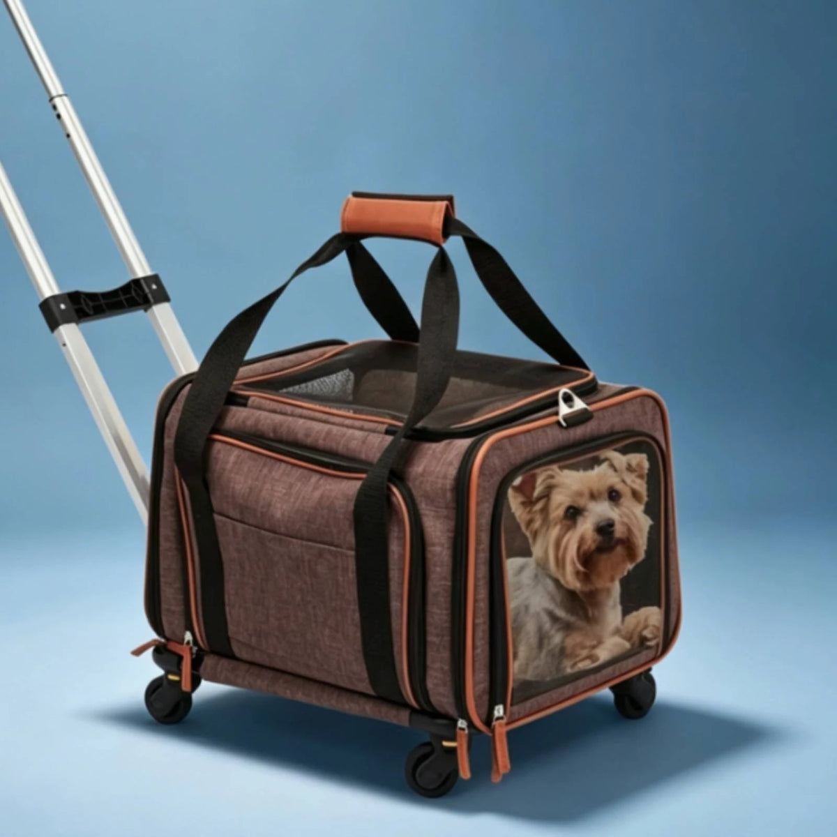 Rolling Mesh Pet Carrier with Breathable Mesh Windows Soft-sided Animal Carrier for Pet Travel Gear and Daily Errands