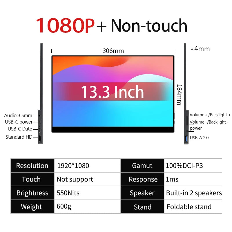 13.3 Inch 1080p OLED Portable Monitor 100%DCI-P3 500Nits USB-C HDMI-Compatible External Travelling Display for PC Xbox Switch PS