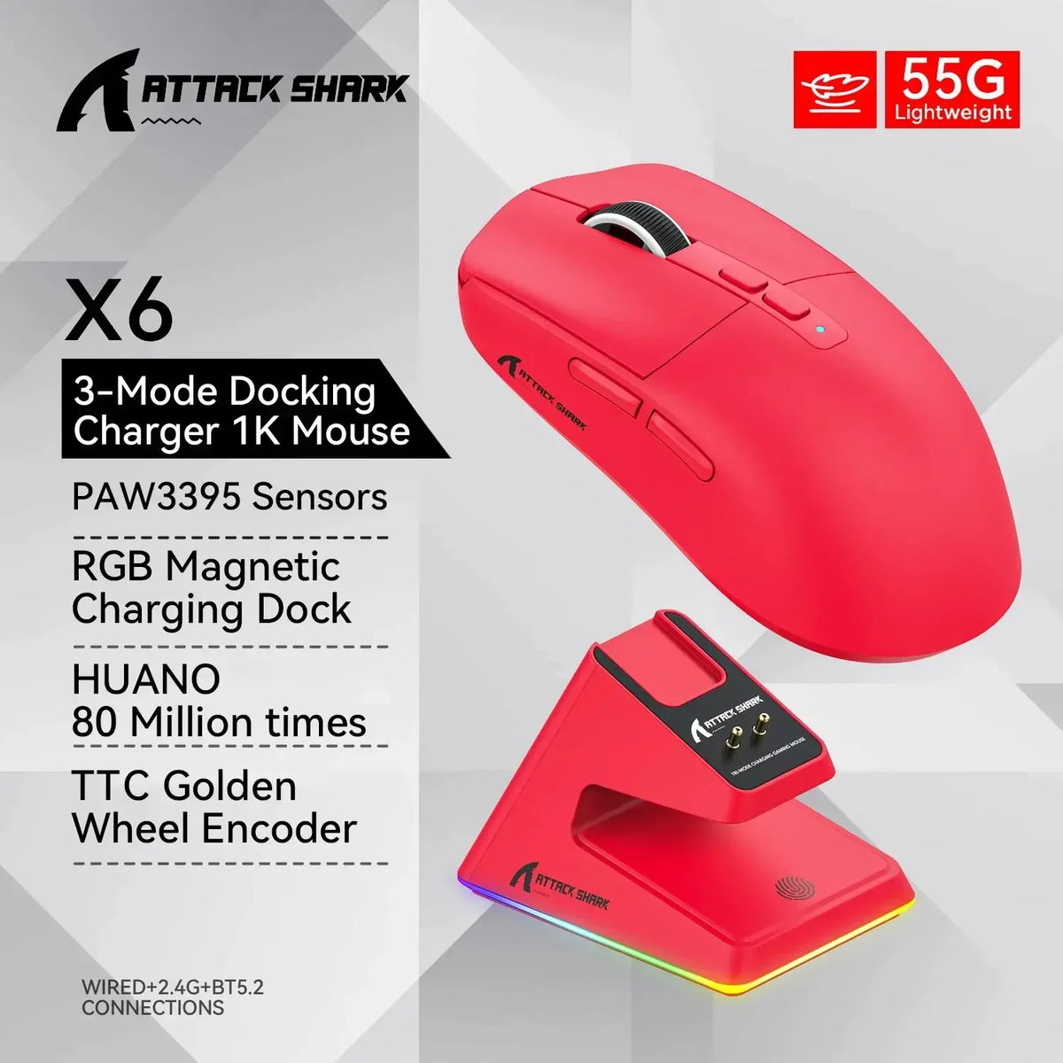 ATTACK SHARK X6 Wireless Macro Gaming Mouse PAW3395 26000 DPI Tri-Mode Wired/2.4G/BT5.2 Connection Magnetic Charging Base Mouse
