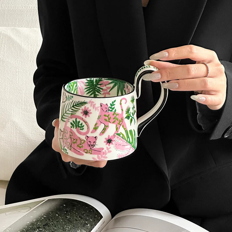 Vintage Pink Leopard Ceramic Mug French Chinoiserie Jungle Coffee Cup Aesthetic Tropical Plant Tea Mugs Birthday Gift