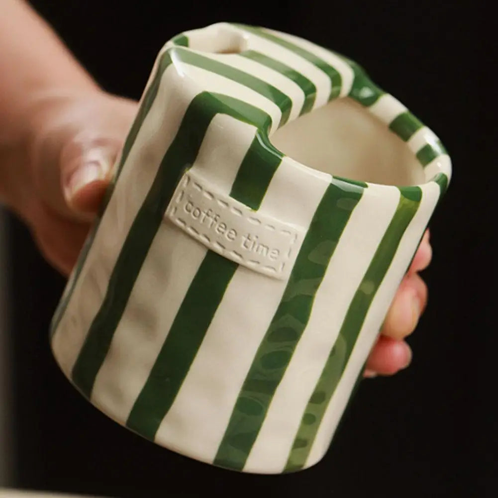 Retro Striped Coffee Cups, 10oz Ceramic Coffee Mug with Sip hole Ceramic Cup,Hand-Painted Striped Travel Mugs for Coffee Lovers