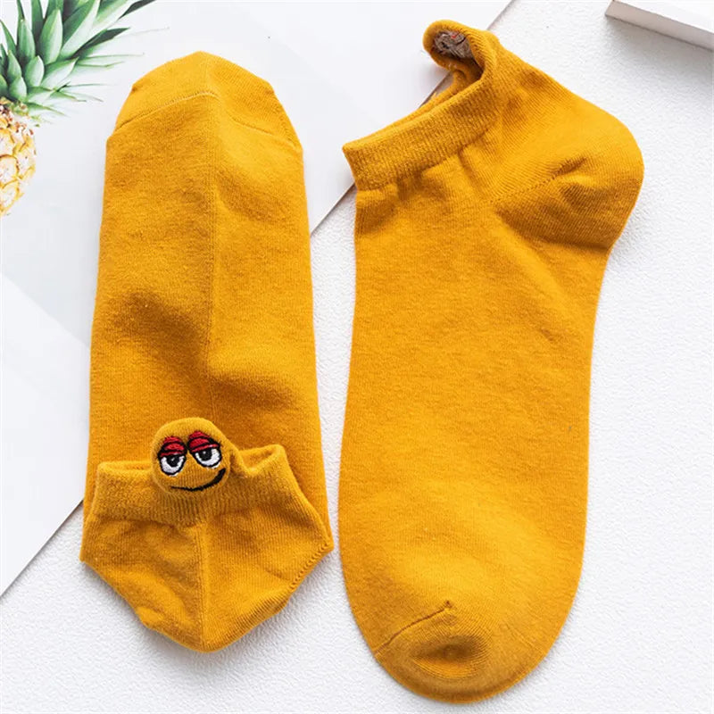 Kawaii Embroidered Expression Candy Color Women Socks Happy Fashion Girls Ankle Funny Sokken Cotton Unisex Christmas Dropship