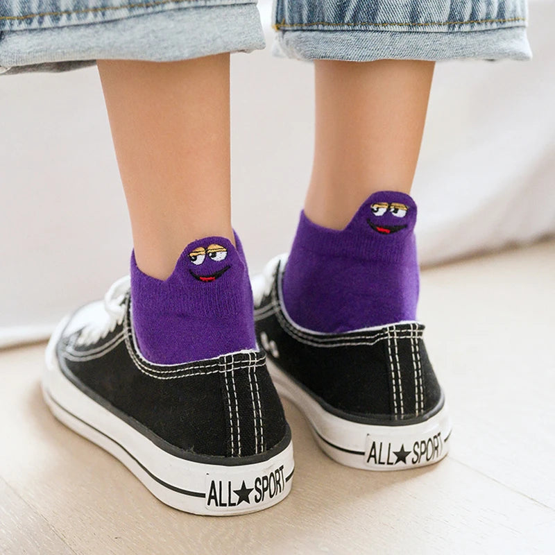 Kawaii Embroidered Expression Candy Color Women Socks Happy Fashion Girls Ankle Funny Sokken Cotton Unisex Christmas Dropship