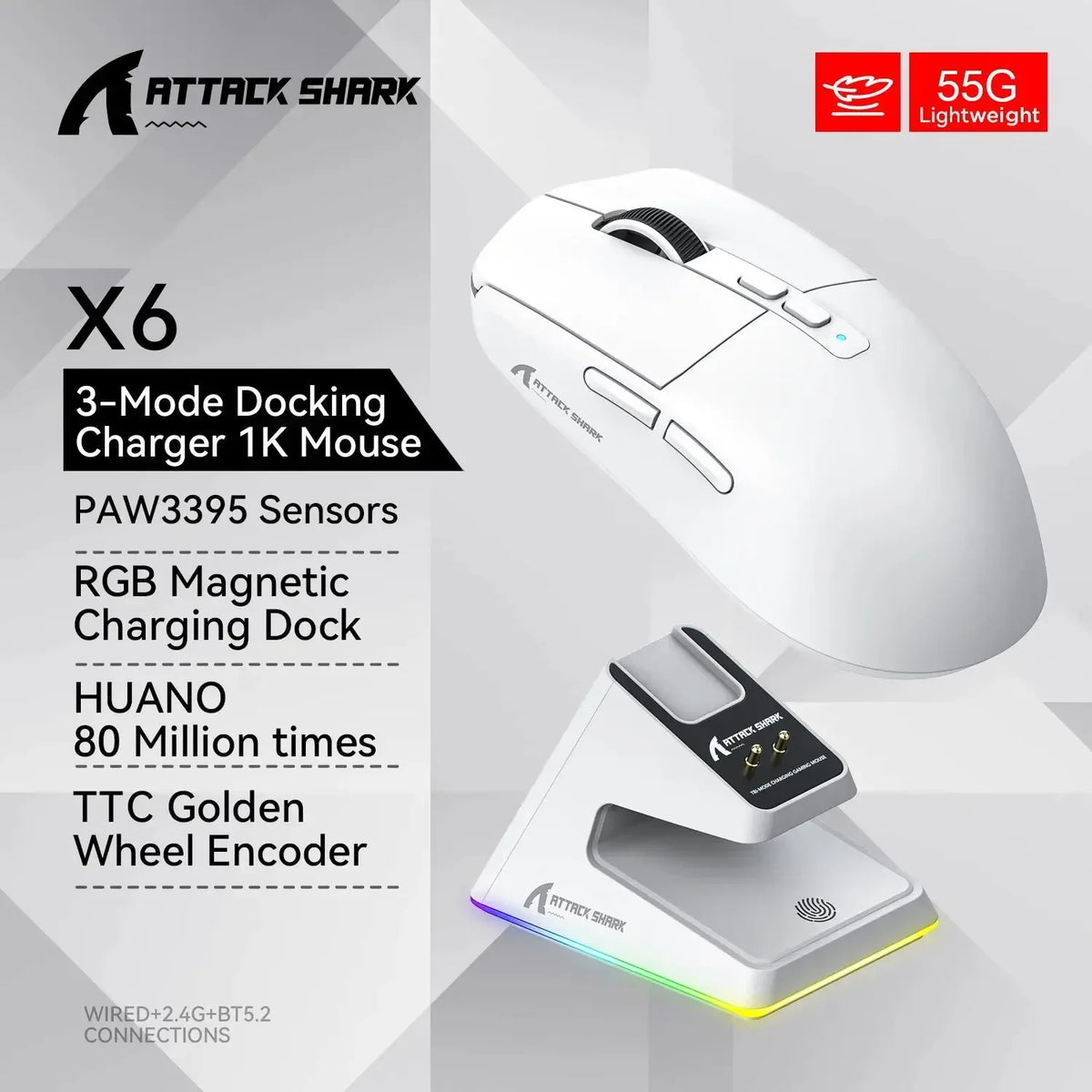 ATTACK SHARK X6 Wireless Macro Gaming Mouse PAW3395 26000 DPI Tri-Mode Wired/2.4G/BT5.2 Connection Magnetic Charging Base Mouse