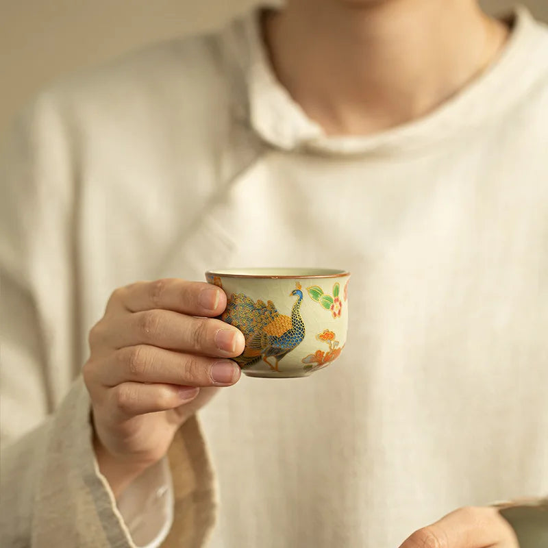 Traditional Ru Ware Ceramic Teacup Crackle Glaze Nurturing Gongfu Tea Cup Individual Handmade Chinese Tea Set Home Office Decor