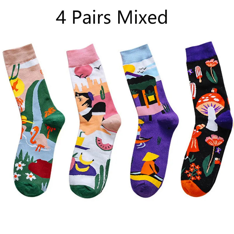 5 Pairs Trend Graffiti Socks Women Cotton Personality Fashion Tide Socks Ins Letter Embroidery Funny Couple Socks