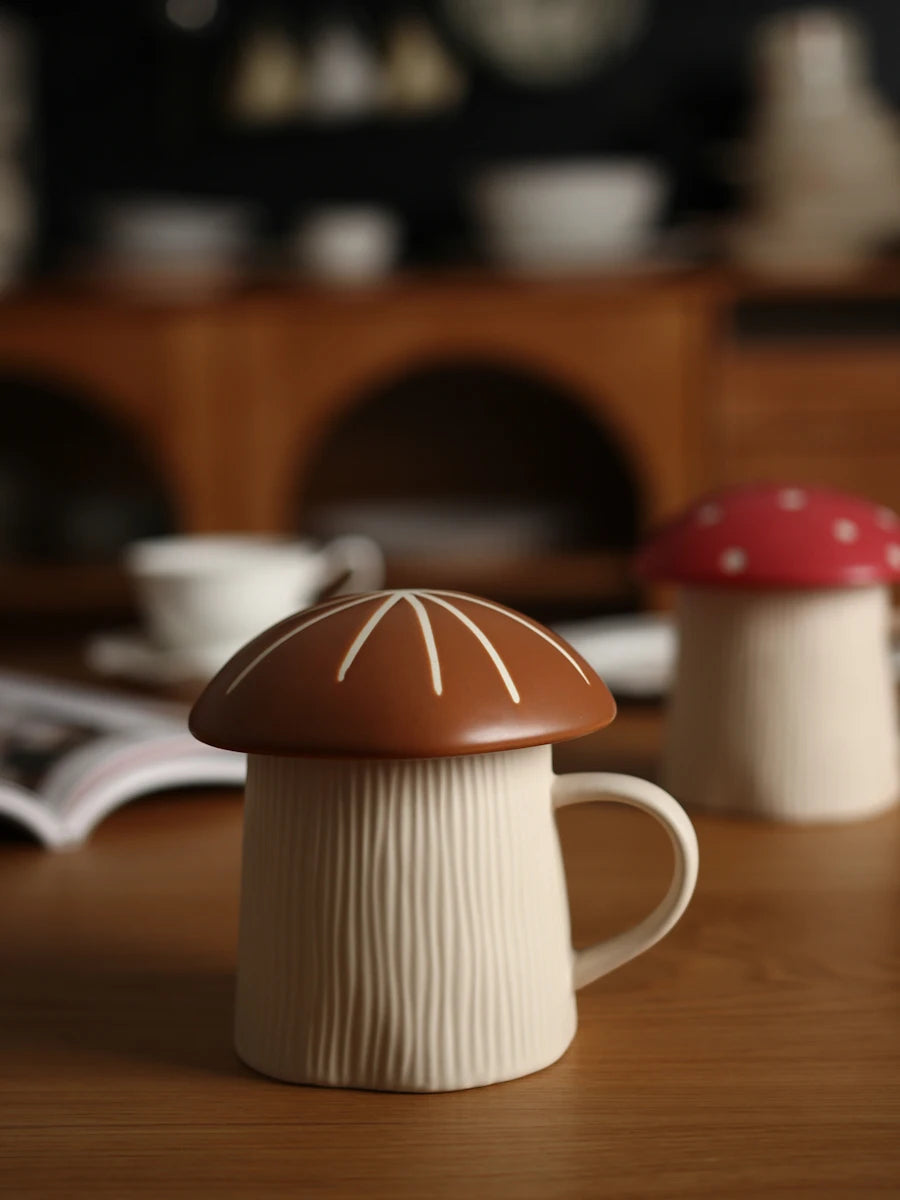 American Retro Style Mug with Lid, Cute Water Cup, Mushroom Couple Ceramic Drinking Cup, Funny Mugs